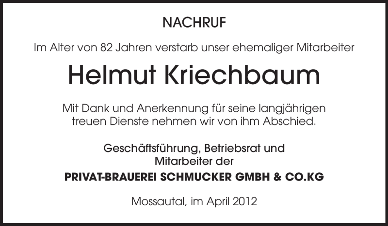 Traueranzeige für Helmut Kriechbaum vom 18.04.2012 aus Odenwälder Echo