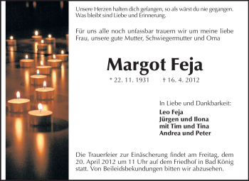 Traueranzeige von Margot Feja von Odenwälder Echo