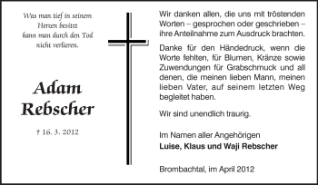 Traueranzeige von Adam Rebscher von Odenwälder Echo