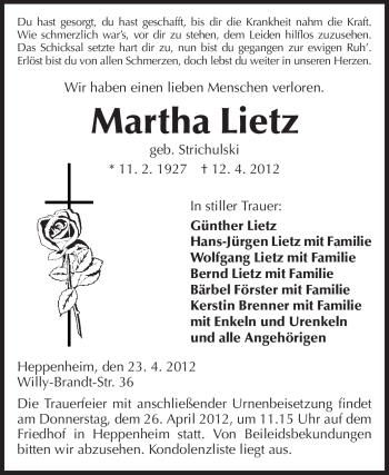 Traueranzeige von Martha Lietz von Starkenburger Echo