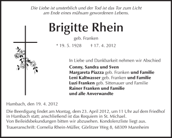 Traueranzeige von Brigitte Rhein von Starkenburger Echo