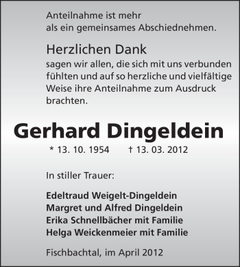 Traueranzeige von Gerhard Dingeldein von Darmstädter Echo, Odenwälder Echo, Rüsselsheimer Echo, Groß-Gerauer-Echo, Ried Echo