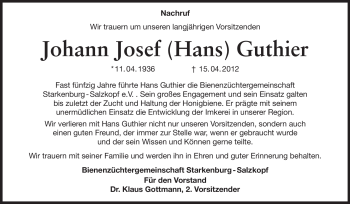 Traueranzeige von Johann Josef (Hans) Guthier von Starkenburger Echo, Bergsträßer Anzeiger