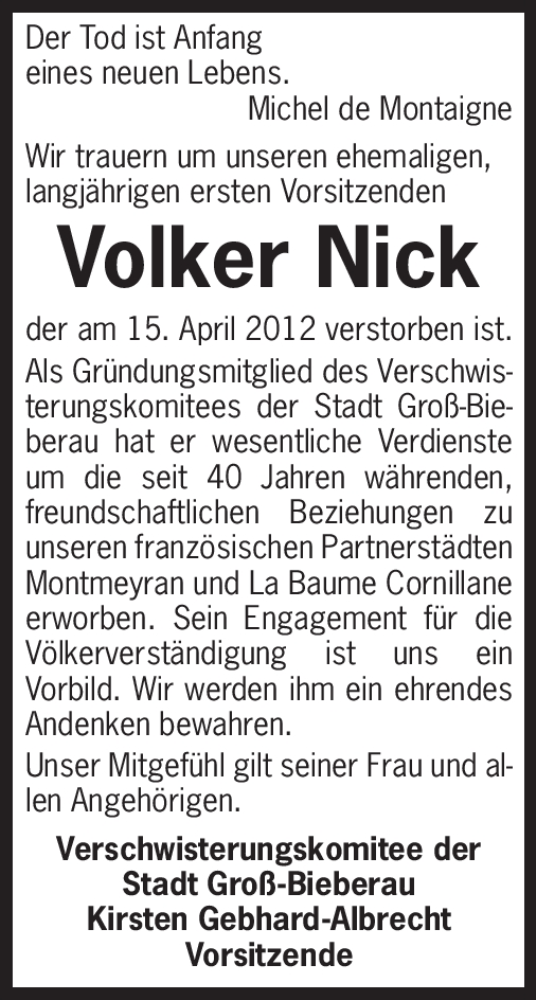  Traueranzeige für Volker Nick vom 19.04.2012 aus Echo-Zeitungen (Gesamtausgabe)