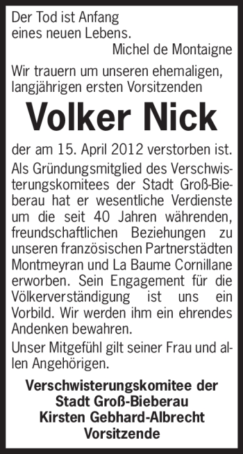 Traueranzeige von Volker Nick von Echo-Zeitungen (Gesamtausgabe)