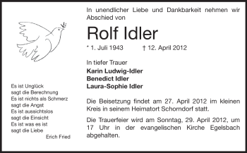 Traueranzeige von Rolf Idler von Darmstädter Echo, Odenwälder Echo, Rüsselsheimer Echo, Groß-Gerauer-Echo, Ried Echo