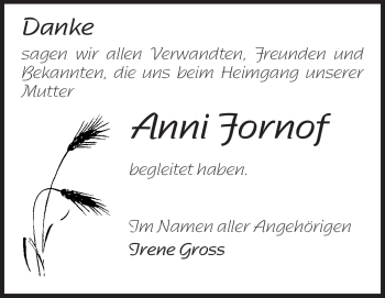 Traueranzeige von Anni Fornof von Echo-Zeitungen (Gesamtausgabe)