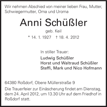 Traueranzeige von Anna Schüßler von Echo-Zeitungen (Gesamtausgabe)