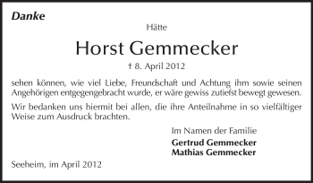 Traueranzeige von Horst Gemmecker von Echo-Zeitungen (Gesamtausgabe)