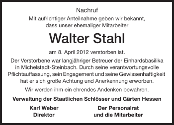 Traueranzeige von Walter Stahl von Odenwälder Echo