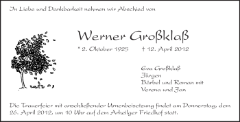 Traueranzeige von Werner Großklaß von Darmstädter Echo, Odenwälder Echo, Rüsselsheimer Echo, Groß-Gerauer-Echo, Ried Echo