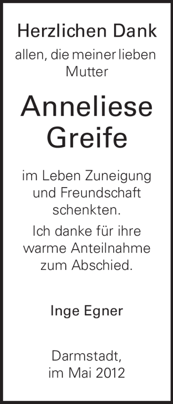 Traueranzeige von Anneliese Greife von Echo-Zeitungen (Gesamtausgabe)