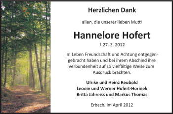 Traueranzeige von Hannelore Hofert von Odenwälder Echo