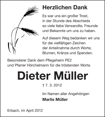 Traueranzeige von Dieter Müller von Odenwälder Echo