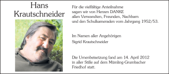 Traueranzeige von Hans Krautschneider von Odenwälder Echo