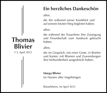 Traueranzeige von Thomas Blivier von Rüsselsheimer Echo, Groß-Gerauer-Echo, Ried Echo