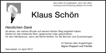 Traueranzeige von Klaus Schön von Darmstädter Echo, Odenwälder Echo, Rüsselsheimer Echo, Groß-Gerauer-Echo, Ried Echo