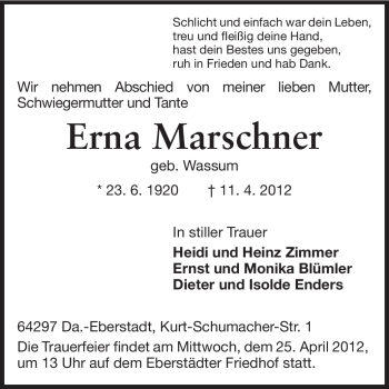 Traueranzeige von Erna Marschner von Echo-Zeitungen (Gesamtausgabe)