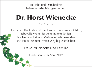 Traueranzeige von Horst Wienecke von Rüsselsheimer Echo, Groß-Gerauer-Echo, Ried Echo