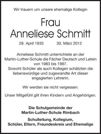 Traueranzeige von Anneliese Schmitt von Starkenburger Echo