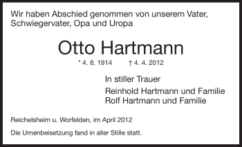 Traueranzeige von Otto Hartmann von Rüsselsheimer Echo, Groß-Gerauer-Echo, Ried Echo