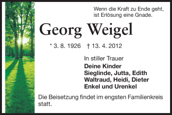 Traueranzeige von Georg Weigel von Echo-Zeitungen (Gesamtausgabe)