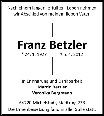 Traueranzeige von Franz Betzler von Odenwälder Echo