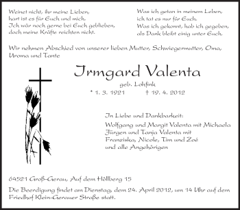 Traueranzeige von Irmgard Valenta von Rüsselsheimer Echo, Groß-Gerauer-Echo, Ried Echo