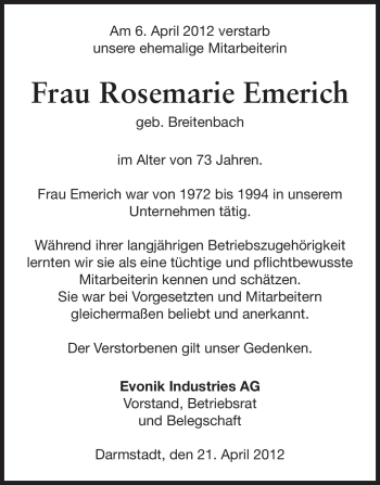 Traueranzeige von Rosemarie Emerich von Echo-Zeitungen (Gesamtausgabe)