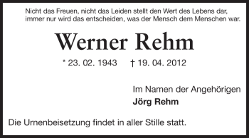 Traueranzeige von Werner Rehm von Echo-Zeitungen (Gesamtausgabe)