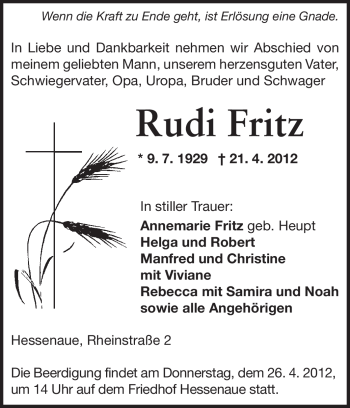 Traueranzeige von Rudi Fritz von Rüsselsheimer Echo, Groß-Gerauer-Echo, Ried Echo