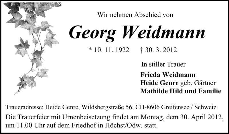  Traueranzeige für Georg Weidmann vom 28.04.2012 aus Odenwälder Echo