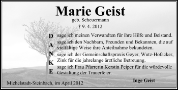 Traueranzeige von Marie Geist von Odenwälder Echo