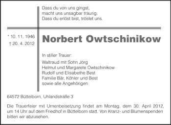 Traueranzeige von Norbert Owtschinikow von Darmstädter Echo, Odenwälder Echo, Rüsselsheimer Echo, Groß-Gerauer-Echo, Ried Echo