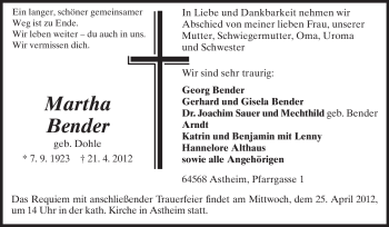 Traueranzeige von Martha Bender von Rüsselsheimer Echo, Groß-Gerauer-Echo, Ried Echo