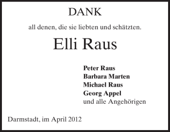 Traueranzeige von Elli Raus von Echo-Zeitungen (Gesamtausgabe)