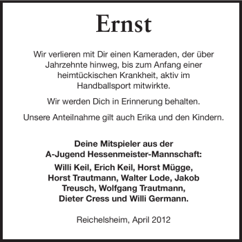 Traueranzeige von Ernst Ide von Odenwälder Echo