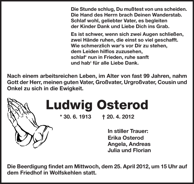  Traueranzeige für Ludwig Osterod vom 24.04.2012 aus Rüsselsheimer Echo, Groß-Gerauer-Echo, Ried Echo