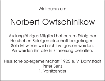 Traueranzeige von Norbert Owtschinikow von Echo-Zeitungen (Gesamtausgabe)