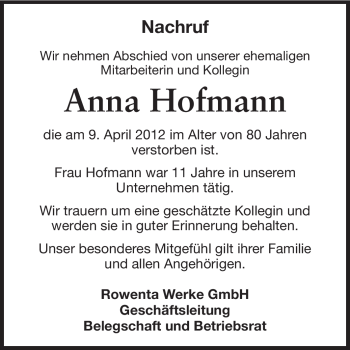Traueranzeige von Anna Hofmann von Odenwälder Echo