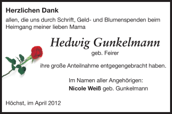 Traueranzeige von Hedwig Gunkelmann von Odenwälder Echo