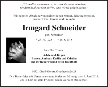 Traueranzeige von Irmgard Schneider von Rüsselsheimer Echo, Groß-Gerauer-Echo, Ried Echo