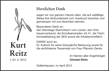 Traueranzeige von Kurt Reitz von Darmstädter Echo, Odenwälder Echo, Rüsselsheimer Echo, Groß-Gerauer-Echo, Ried Echo