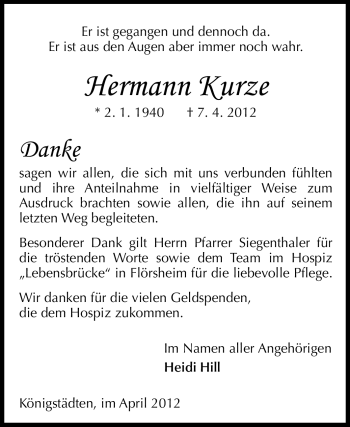 Traueranzeige von Hermann Kurze von Rüsselsheimer Echo, Groß-Gerauer-Echo, Ried Echo