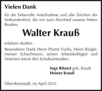 Traueranzeige von Walter Krauß von Echo-Zeitungen (Gesamtausgabe)