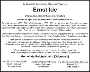 Traueranzeige von Ernst Ide von Odenwälder Echo