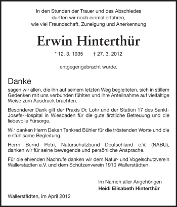 Traueranzeige von Erwin Hinterthür von Rüsselsheimer Echo, Groß-Gerauer-Echo, Ried Echo
