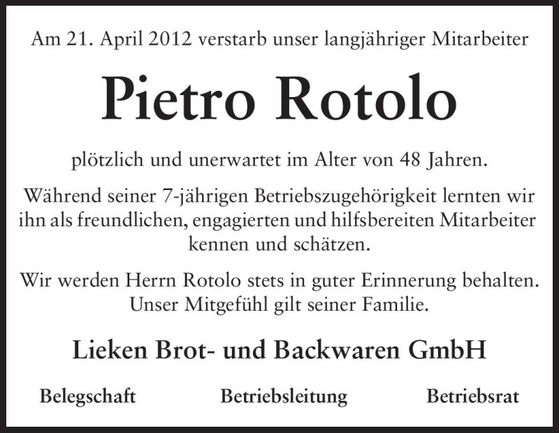  Traueranzeige für Pietro Rotolo vom 25.04.2012 aus Echo-Zeitungen (Gesamtausgabe)