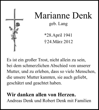 Traueranzeige von Marianne Denk von Echo-Zeitungen (Gesamtausgabe)