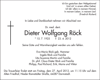 Traueranzeige von Dieter Wolfgang Röck von Echo-Zeitungen (Gesamtausgabe)